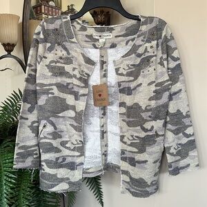 Brand New Love Change Italy Camo Open Front Cardigan Metal Star Stud Accent